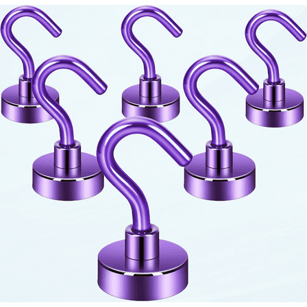 Magnetic Hooks, 28 lb  Heavy Duty Earth Magnets with Hook for Refrigerator, Extra Strong Cruise Hook for Hanging, Magnetic Hanger for Cabins, Grill (Purple, Pack of 6)