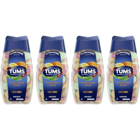 4 Pack Tums Antacid/Calcium Ultra Strength 1000 Assorted Fruit, 160 Tablets Each