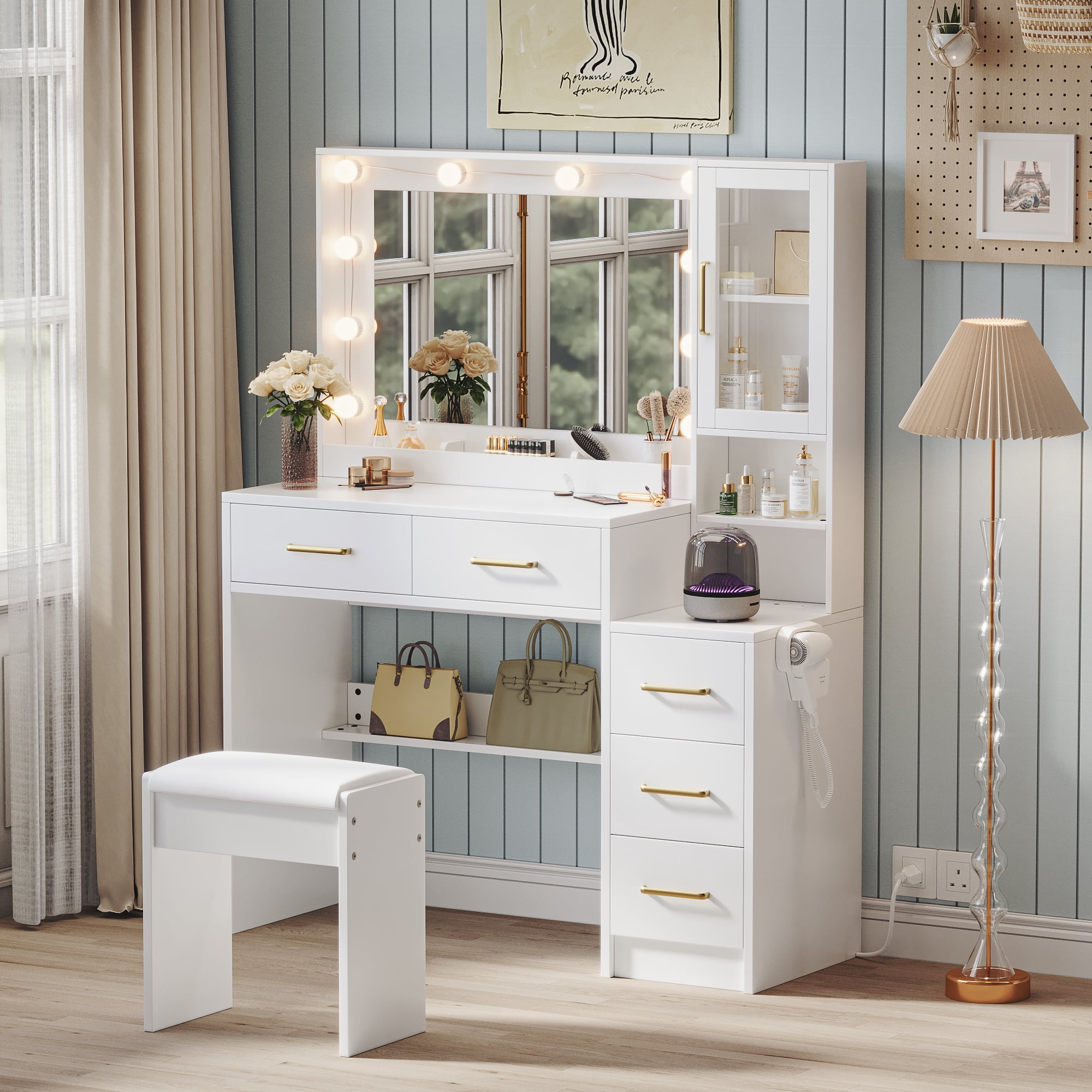 UGTOO 35.4" White Makeup Vanity Desk with LED Mirror, Solid Wood Frame, 5-Drawer Dressing Table, Gold Handles