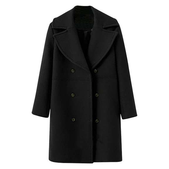 HTNBO Women's Wool Blend Double Breasted Pea Coat Notched Lapel Mid Long Trench Overcoat with Pockets