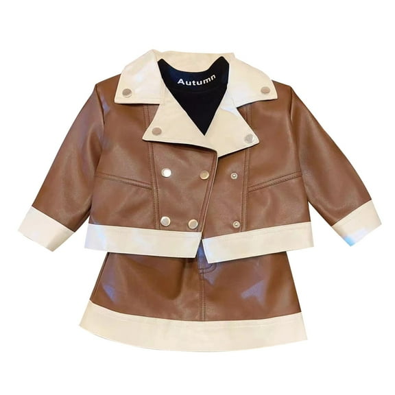 Odeerbi 1-11 Years Toddler Girls Outfits Long Sleeve Notched Lapel Leather Jacket with Leather Skirt Two-piece Set Solid Color Winter Jacket Toddler Girls Clothes
