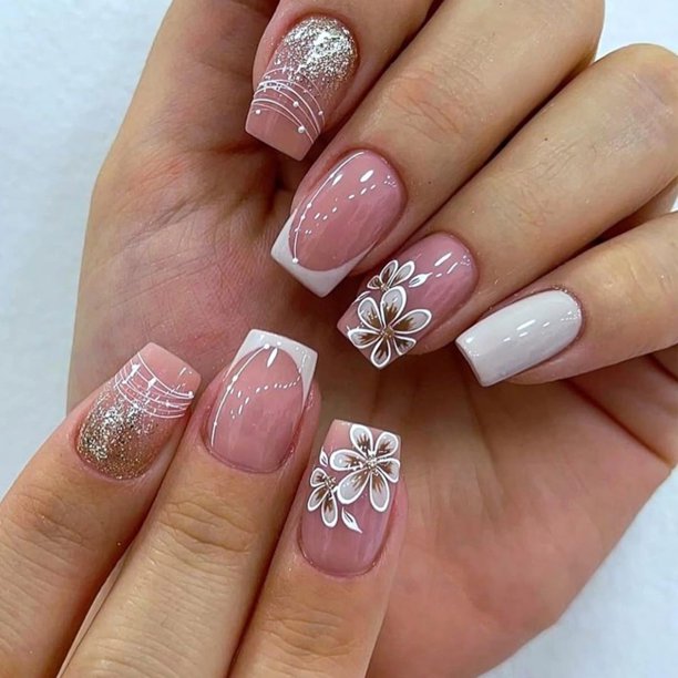 Uñas Postizas PEPFTG Flores Presionadas Medianas Cuadradas 24 Piezas