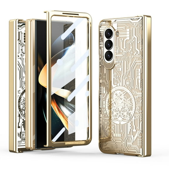 Nalacover Folding Case for Samsung Galaxy Z Fold5, Mechanical Legend Electroplated Texture Non-Fingerprints Cover with Hinge Protection Lens Hole Design Anti-Fall Shockproof Case,Gold