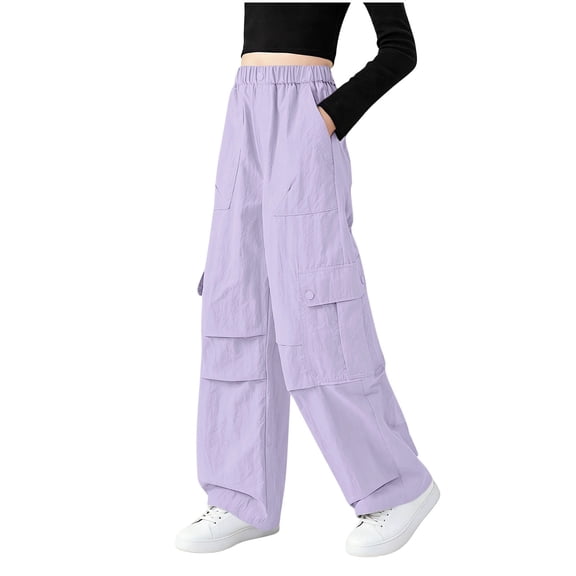 Lenpel Girls' Cargo Pants Cotton Elastic High Waisted Pull on Pleated Wide Leg Pants Baggy Casual Trousers with Pockets