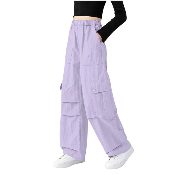 StSilkitty Hiking Cargo Pants for Boys Girls Cotton Solid Color High Waist Elastic Wide Leg Trousers with Multi Pockets