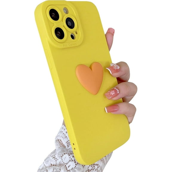Compatible with iPhone 13 Pro Max Cute 3D Love Heart Case Camera Protection Shockproof Soft Bumper Phone Case for Women Girls Yellow