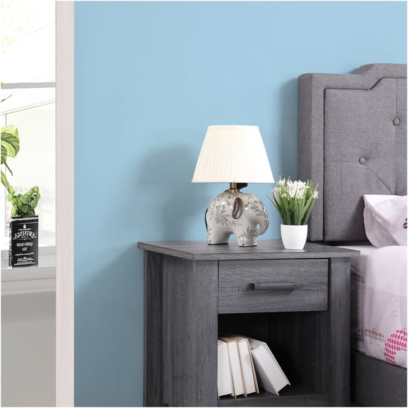 JERFIT 3-Tier Nightstand with Drawer, Modern Gray Bedside Table with Storage Shelf for Bedroom
