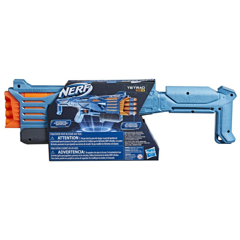 Nerf Elite 2.0 Tetrad QS-4 Blaster, incluye 4 dardos Nerf Elite, voladura  de 4 barriles, riel táctico para personalizar la capacidad, acción de la