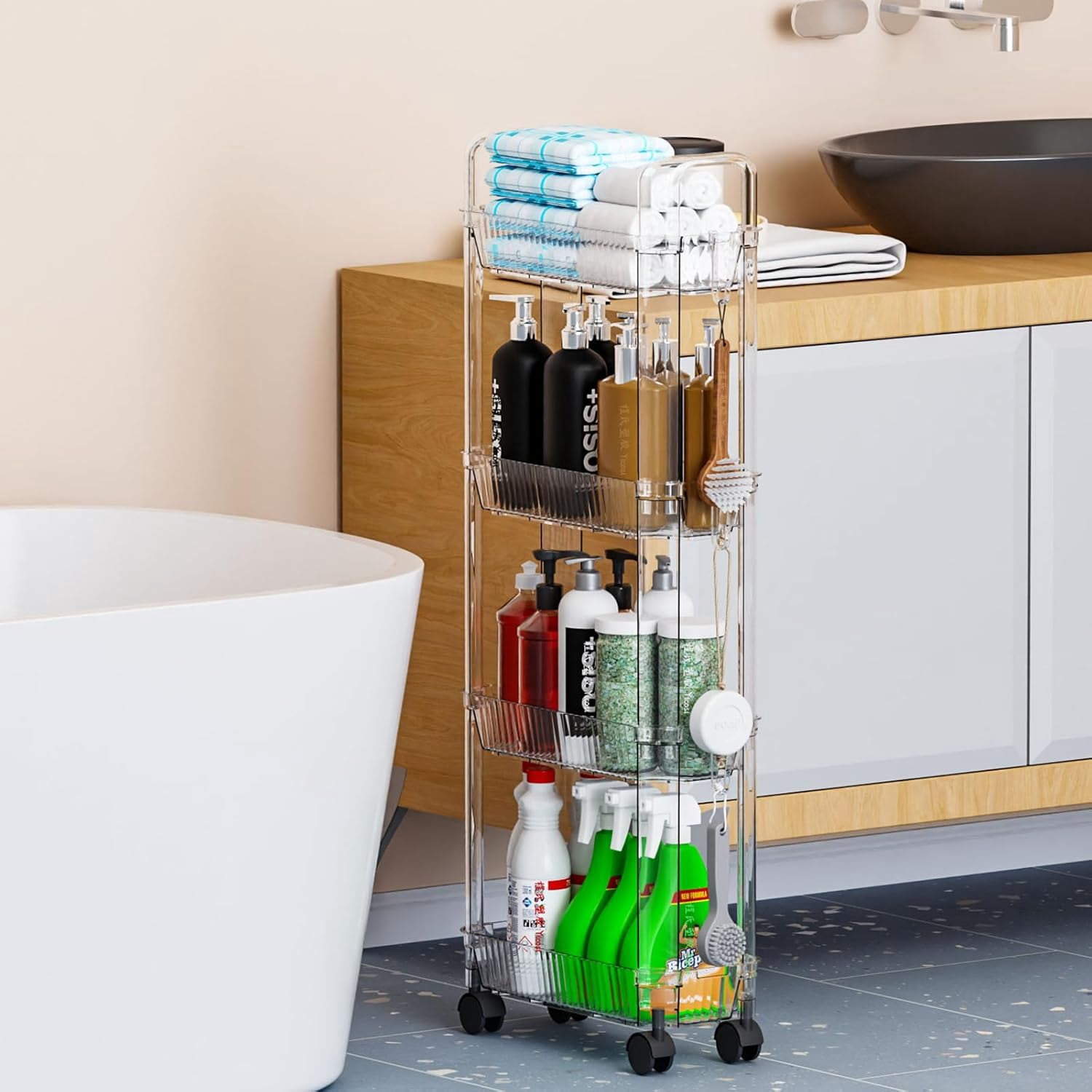 4 Tier Rolling Cart with Wheels,Clear Narrow Bathroom Rack Organizer,Slim Storage Cart,Three Tier Thin Shelf and Narrow Rolling Utility Cart for Small Space Shelf,Dorm Room,Kitchen,Laundry