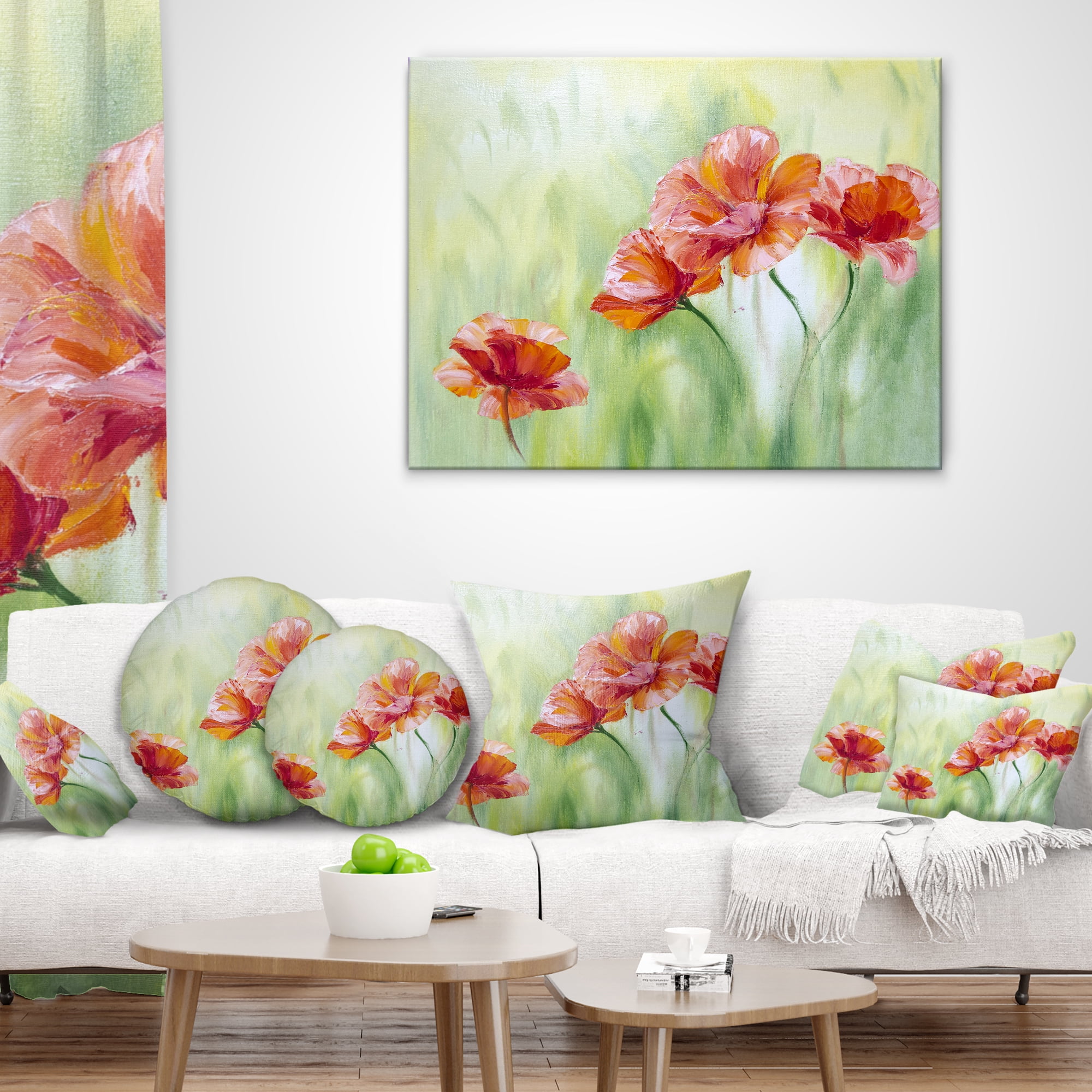 Designart Poppies in Light Green - Floral Throw Pillow - 12x20