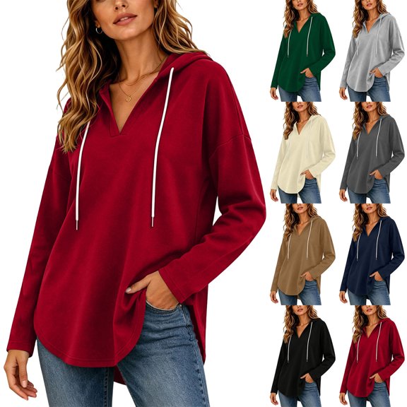 Oversized Hooded Sweatshirt for Women Long Sleeve Drawstring V Neck Pullover Sweatshirts Loose Casual Fall Tops (XL, Red)