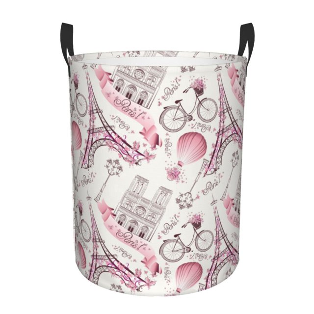 Balery Romantic Travel In Paris Cesta de ropa redonda con asas, impermeable, independiente, para ropa, juguetes, dormitorio y familia-Small