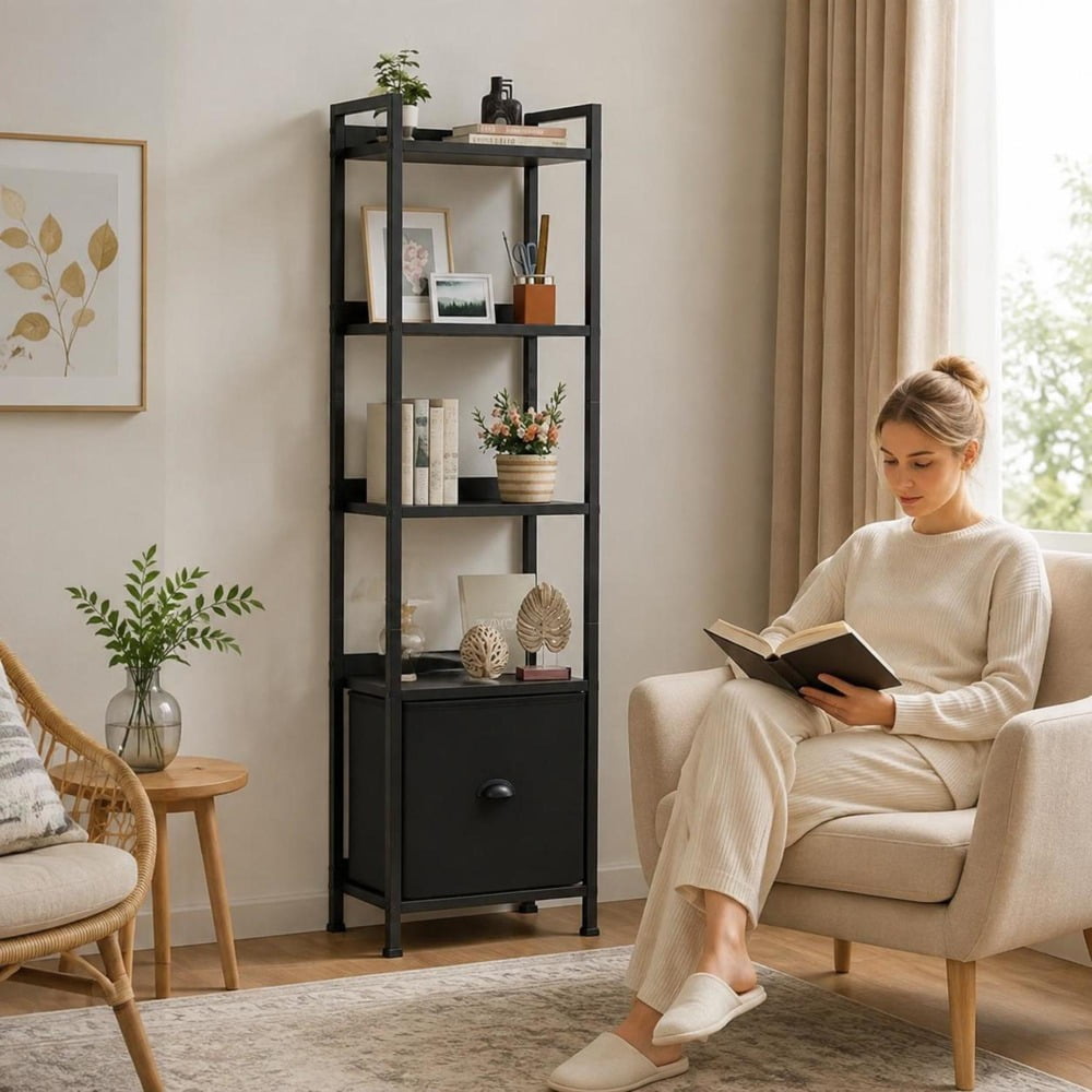 5-Tier Bookshelf with fabric drawer wood and metal open storage display shelf rack for living room study home office