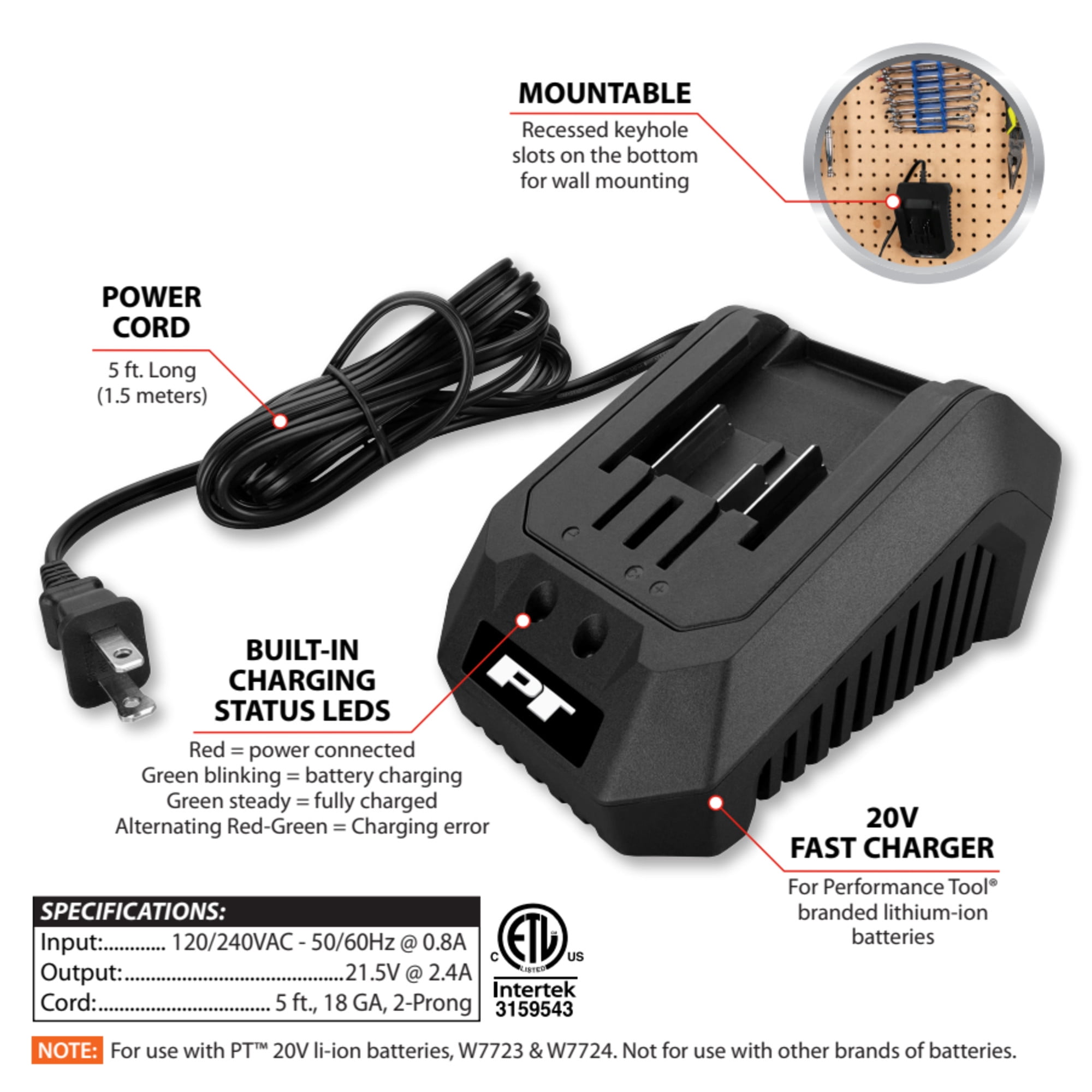 Performance Tool W7725 20V Fast Charging Station for PT Rechargeable Drills and Impact Wrenches, Workbench-Mountable, Black