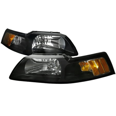 Factory Style Headlights w/ Amber Reflectors (Black Housing/Clear Lens) Made for and Compatible with 1999-2004 Ford Mustang