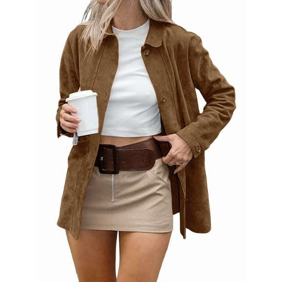 Faux Suede Jacket Women Fall Fashion Leather Jackets Long Sleeve Button Down Winter Coats Shackets Outerwear Brown M