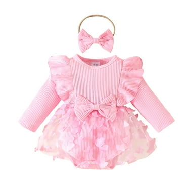 WERYOUNG Girls Summer Sweet Ruffled Long Sleeve Butterfly Appliques Mesh Bow Ribbed Dress Bodysuit With Headband Girls Stylish Birthday Party Onesie,Red,9-12 Months