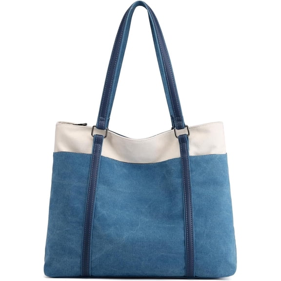 Women's Large Canvas Tote Bag - Multi-Pocket Shoulder Bag,Laptop Tote Purse for Work, Travel & Shopping