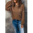 thumbnail image 1 of POGLIP Women's Brown Contrast Stitching Waffle Top, 1 of 6