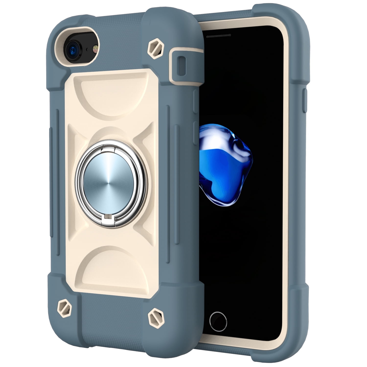 for iPhone 7, iPhone 8, iPhone SE 2020 Case with Ring Stand, Heavy Duty Military Grade Rugged Shockproof Silicone Rubber Magnetic 360 Ring Kickstand Holder Case for Women Girls, Dark Blue