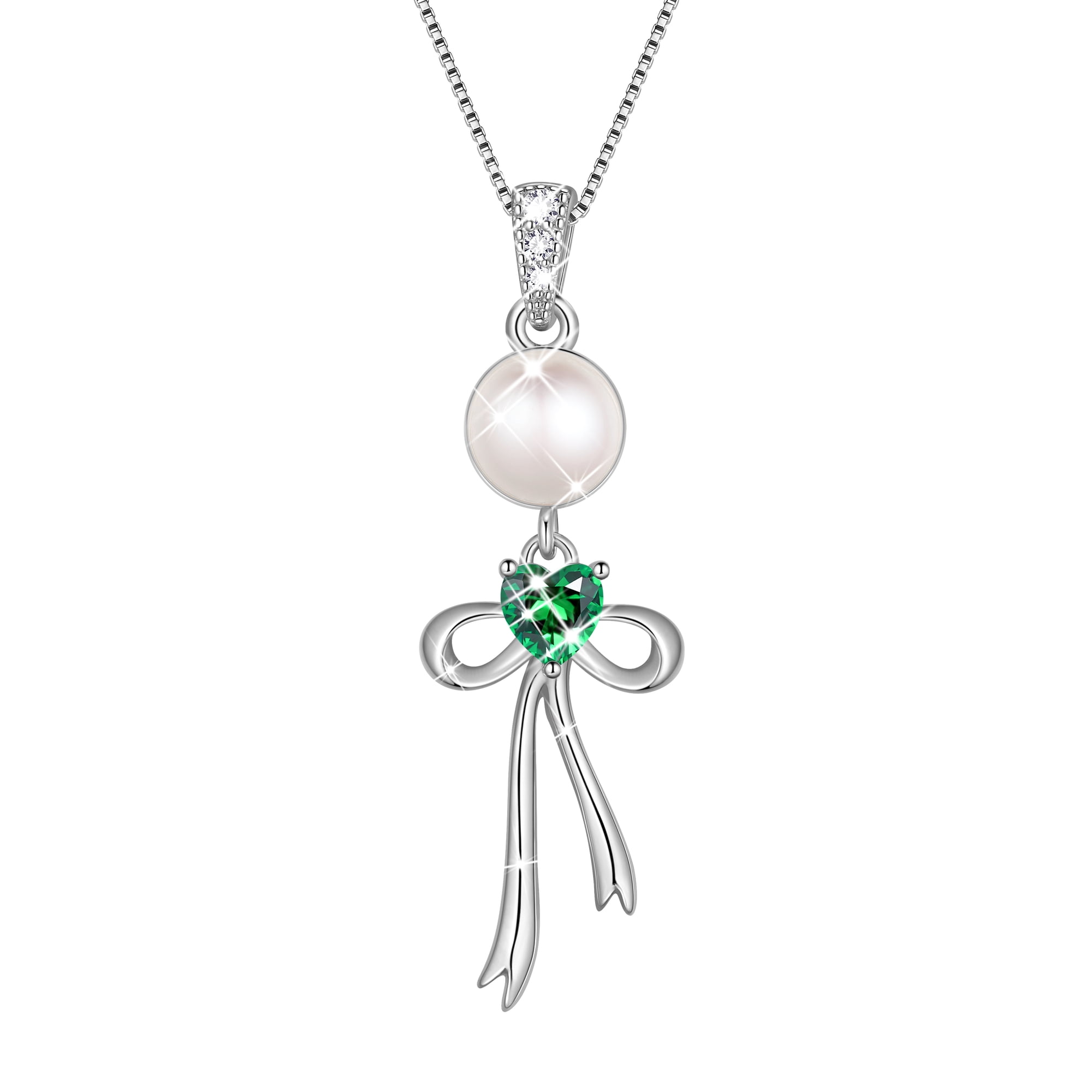 Fasjewly S925 Sterling Silver Birthstone Necklace for Women,Pearl Bow Pendant Necklace with CZ Birthstone,Jewelry Gift for Her Wife Mom Girlfriend,Birthday Mother’s Day Christmas Gift