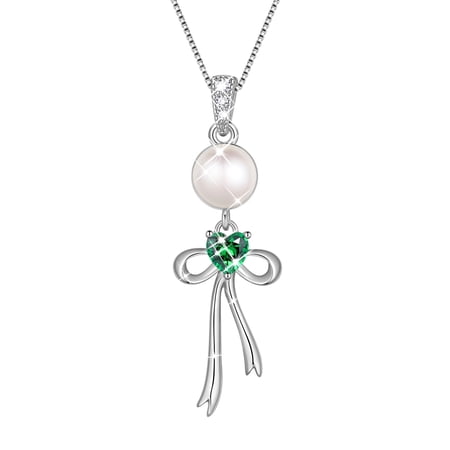 Fasjewly S925 Sterling Silver Birthstone Necklace for Women,Pearl Bow Pendant Necklace with CZ Birthstone,Jewelry Gift for Her Wife Mom Girlfriend,Birthday Mother’s Day Christmas Gift