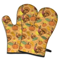 Cute Oven Mitts,Happy Thanksgiving Turkey Fall Leaves Pumpkin Oven Mitt 2-Pack Set,Kitchen Gloves for Oven,Heat Resistant Oven Mitts 7.7"x12"