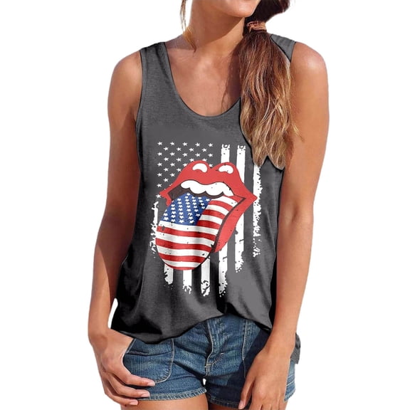 Patriotic T-Shirts for Women's Independence Day 4th of July Graphic Print Sleeveless Tank Top Casual Summer Fashion Tee Shirt For Ladies Comfortable Stretchy Fit Dark Gray 2XL