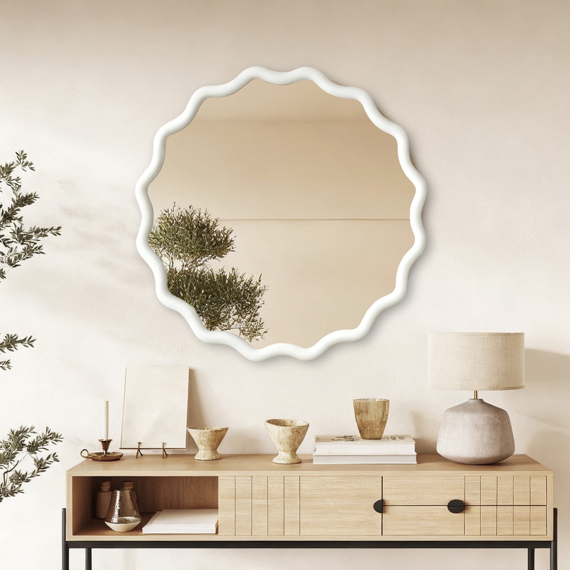 Leumius 36" Wavy Round Mirror, Solid Wood Frame Decorative Mirror for Bedroom Bathroom Living Room Entryway White