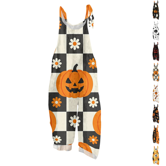 Halloween Jumpsuits for Women Cotton Linen Funny Floral Print Lounge Rompers Funny Floral Print Casual Comfy Overalls with Pockets