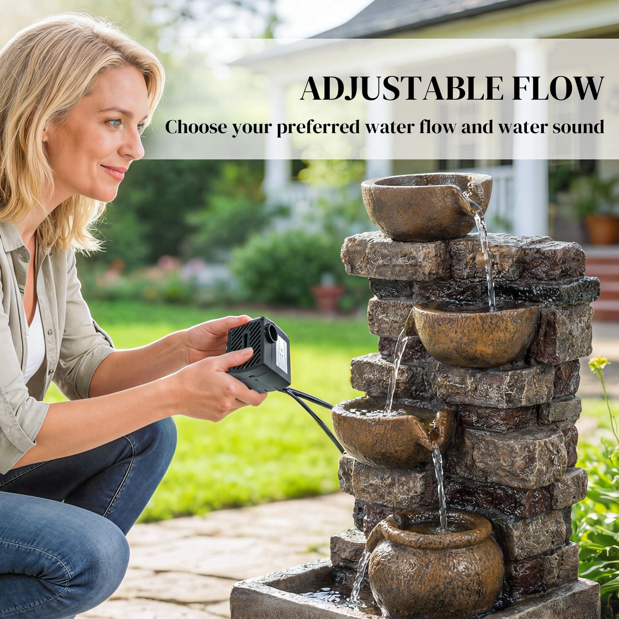 Dranite 28" Outdoor Fountain 5-Tier Rustic Jugs Cascading Waterfall with LED Lights