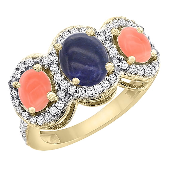 14K Yellow Gold Natural Lapis & Coral 3-Stone Ring Oval Diamond Accent, size 7