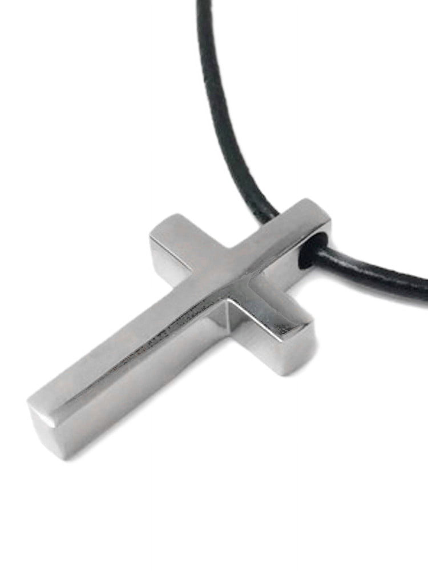 Small Mens Stainless Steel Cross Pendant on Black Leather Cord - 18 Inch