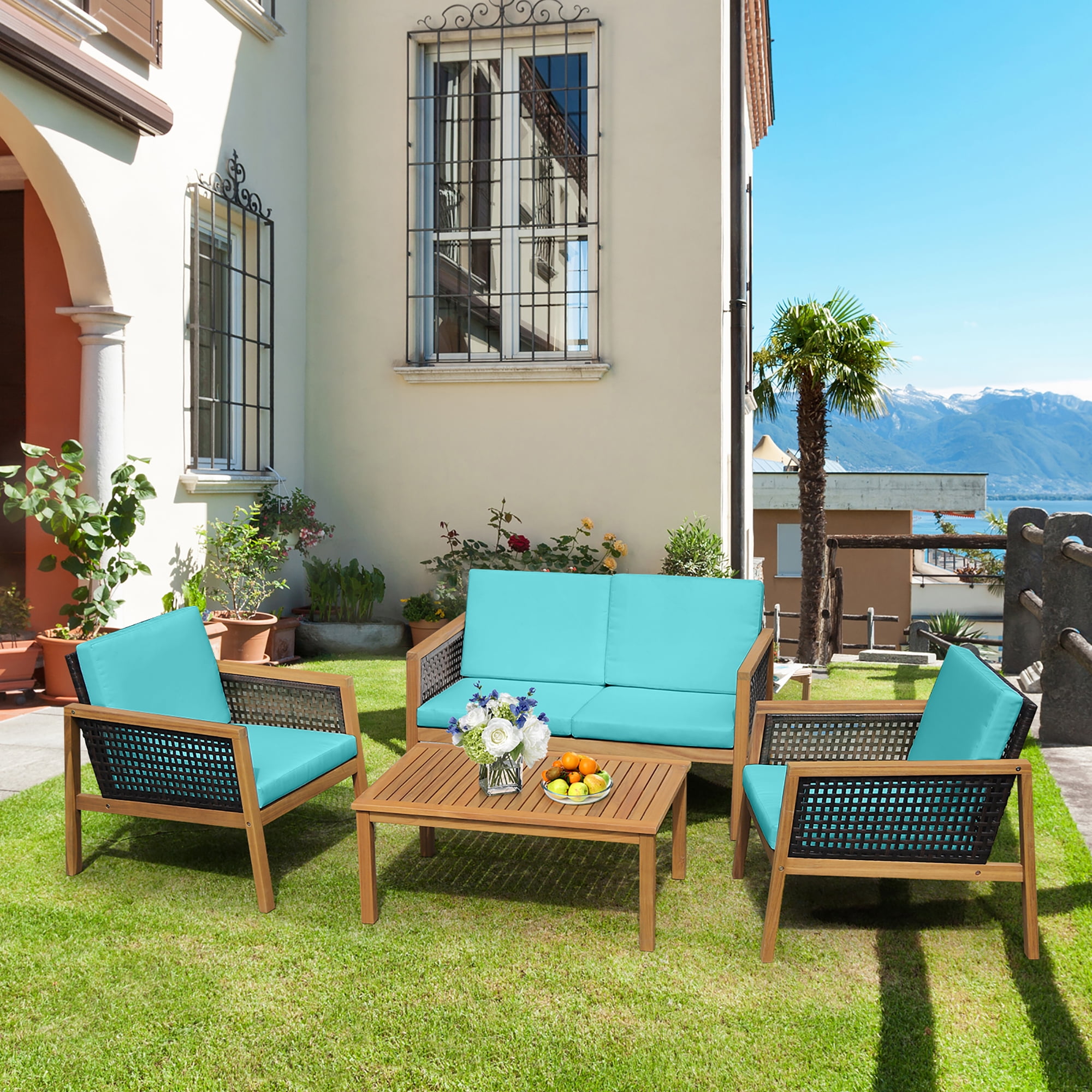 Costway 4PCS Patio Rattan Furniture Set Acacia Wood Cushioned Sofa Turquoise