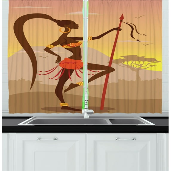 African Kitchen Curtains, Ethnic Lady Warrior Standing for Hunt Savannah Style Retro Folk Cartoon Print, Two Panels Drapes with Rod Pocket Room Decor, 55" X 45", Brown and Cocoa, by Ambesonne