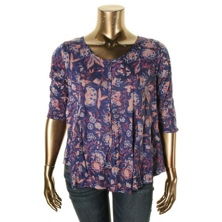 Lucky Brand Womens Plus Floral Print Button-Down Casual Top
