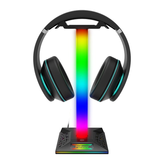 RGB Gaming Headset Stand, 10 Light Modes Headphone Holder with 2 USB Ports, Desktop Headphone Hanger for PC Gamers, Earphone Organizer, Gaming Desk Accessories for Men Boys