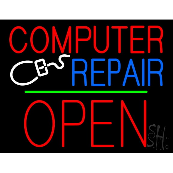 Computer Repair Block Open Green Line LED Neon Sign 15 x 19 - inches, Clear Edge Cut Acrylic Backing, with Dimmer - Bright and Premium built indoor LED Neon Sign for Computer & Electronics store.