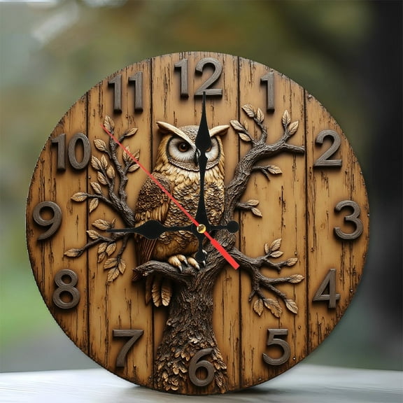 Wooden Owl Clock 10-Inch Silent Wooden Wall Clock, Battery Operated (AA Batteries Not Included), Artistic Home Decor
