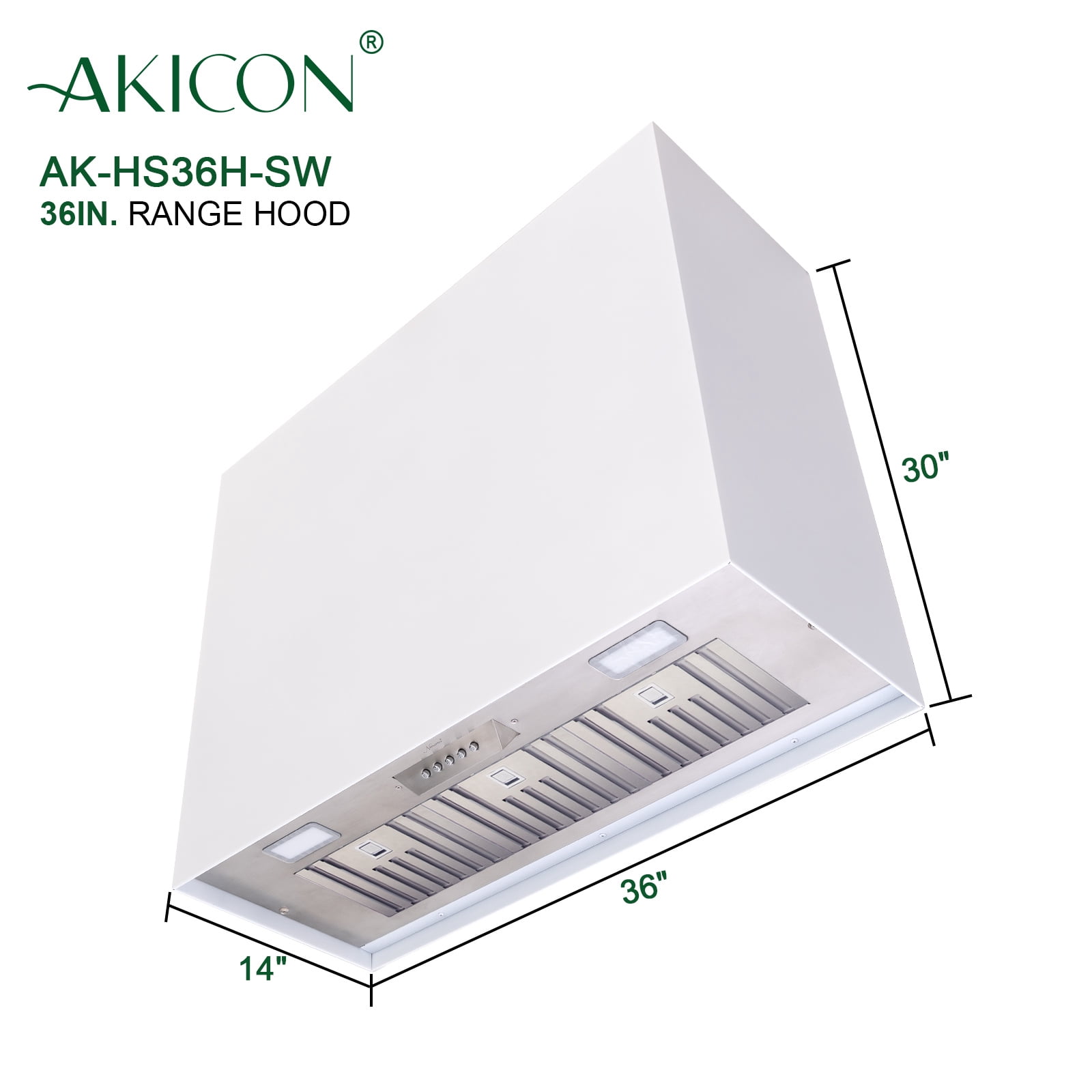 Akicon Stainless Steel Range Hood, Modern Box Kitchen Hood with Powerful Vent Motor, Wall Mount, 36”W*30”H*14”D, Signal White (AK-HS36H-SW)