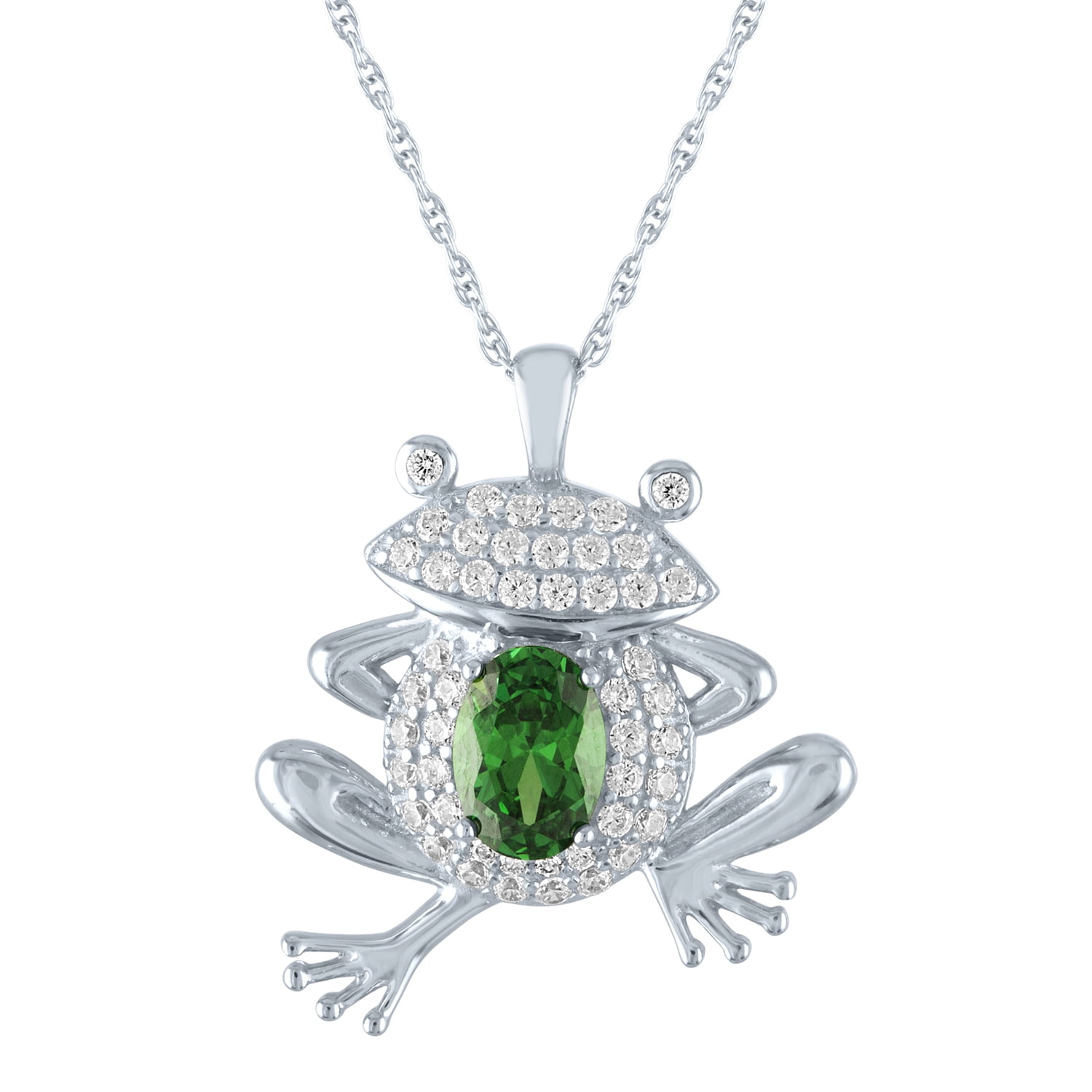 Brilliance Simulated Emerald and CZ Sterling Silver Frog Pendant, 18'