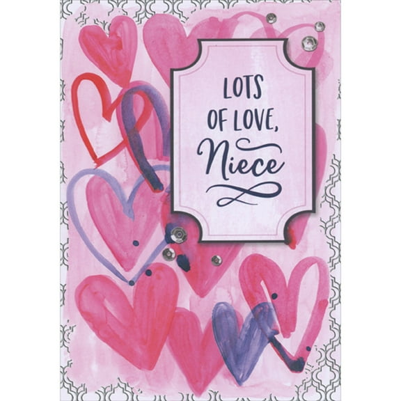 Designer Greetings Lots of Love Niece: Watercolor Pink and Purple Hearts with Silver Foil Border Accents Valentine's Day Card