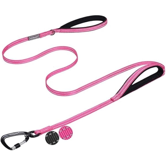 Eryueer Dog Leash Twingrip Double Handle Dog Leash with Traffic Handle Control & 2 Loop for Walking & Training, Reflective Heavy Duty for Puppy Pet Collar, 6ft x 1/2in, Pink
