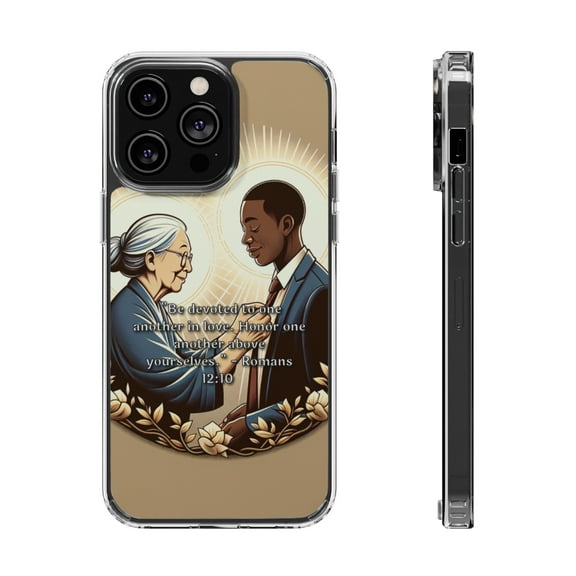DistinctInk Hybrid (Acrylic / TPU) Clear Slim Fit Case for Apple iPhone 14 PLUS (6.7" Screen) - "Devotion in Love: Romans 12:10 - Honor Above Self"