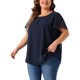 thumbnail image 4 of Blusa de Chiffon de Talla Grande para Mujer Agnes Orinda, Camisa de Doble Capa, Cuello Redondo, Mangas Cortas con Volantes, Tops Casual para Trabajo 2X Azul Marino, 4 of 6