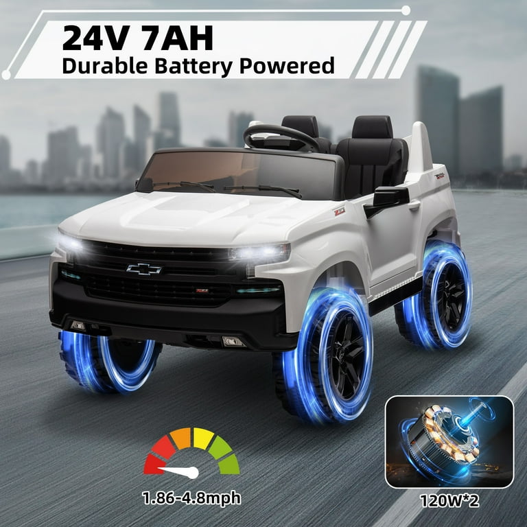 24V Chevy Silverado Ride On Truck Real 2 Seater Kids Electric Vehicles Battery Powered with HIGH Speed Mode 5 MPH Parent Remote Control Storage