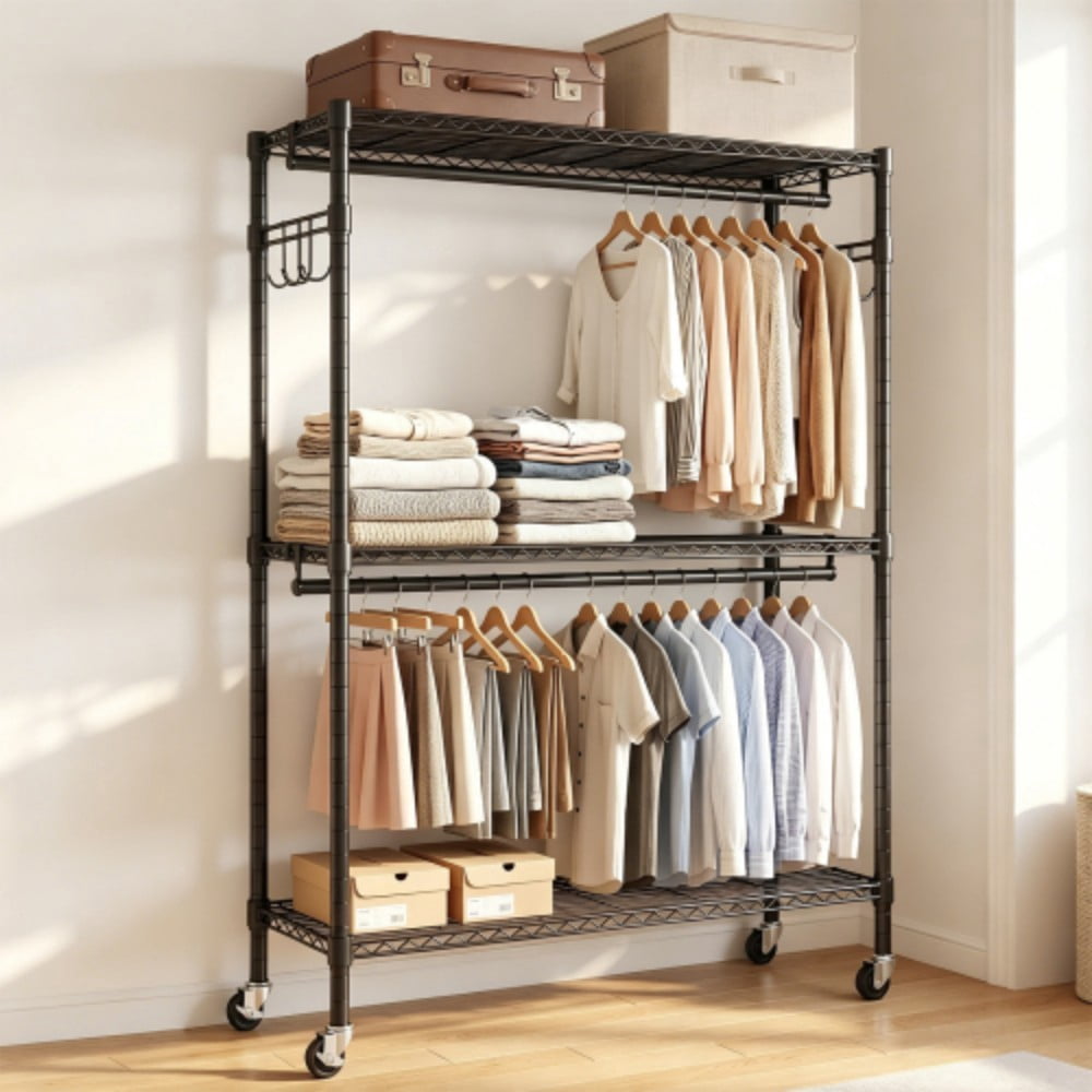 Rolling Clothes Rack, Heavy Duty Garment Rack with Wheels, 3-Tier Adjustable Wire Shelving, 2 Clothes Rods & Side Hooks, Freestanding Metal Clothing Rack, Black
