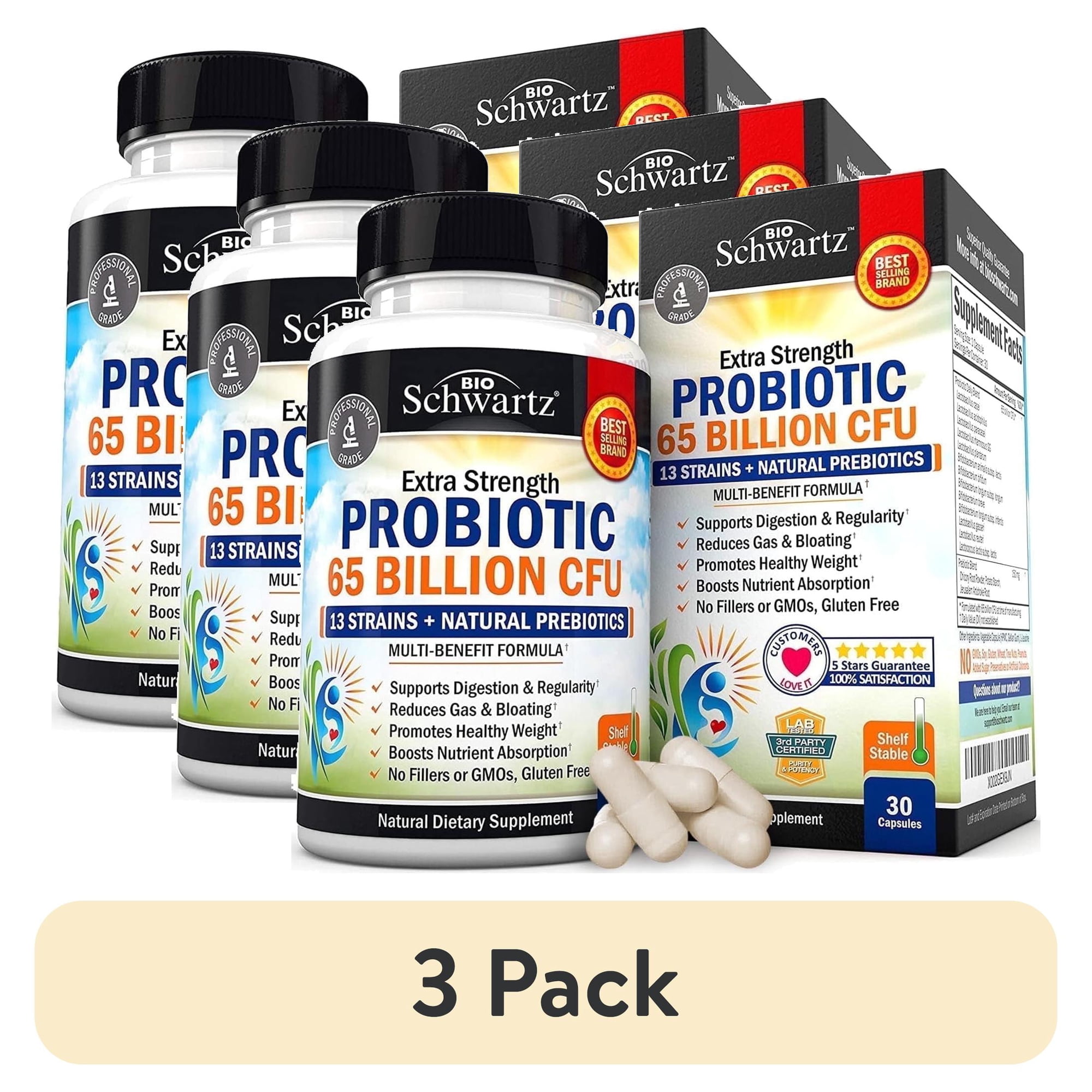 (3 pack) BioSchwartz Extra Strength Probiotic Capsules, Prebiotics and Probiotics for Women and Men, 65B CFUs, 30 Count