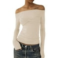 thumbnail image 5 of Long Sleeve Off Shoulder Top Women Elegant Pure Color Slim Fit Mesh Ruched T Shirt Blouse For Party, 5 of 5