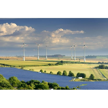 Alternative energy, wind power stations and solar farm, Saxony-Anhalt, Germany Print Wall Art By Andreas